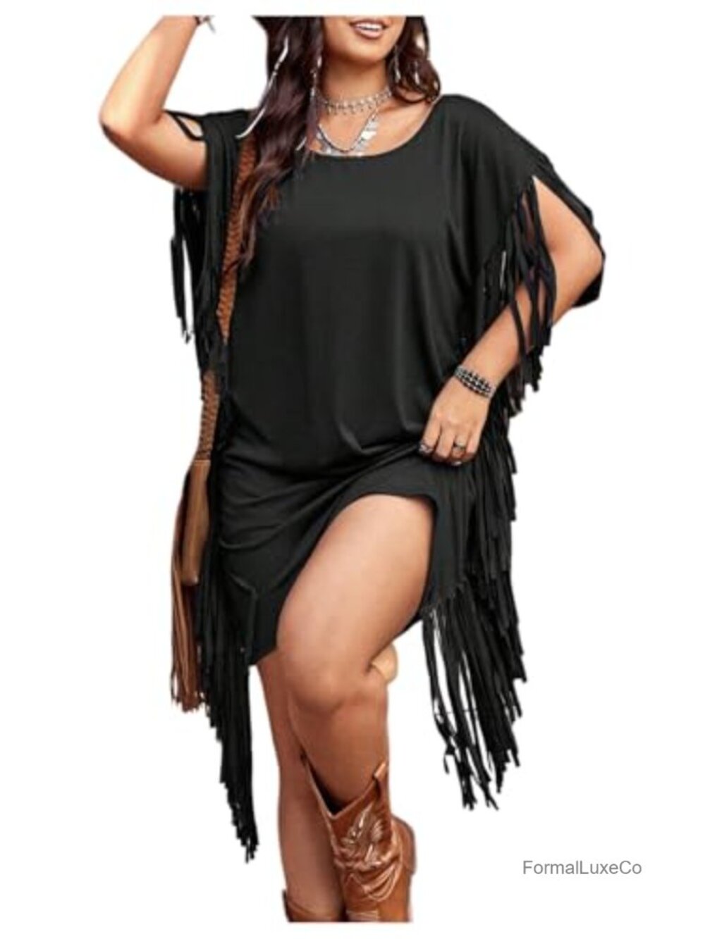 Plus Size Fringe Dress Western Cowgirl T Shirt Dress Backless